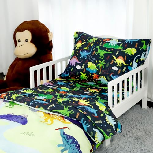 DAYEEBALL 4 Piece Toddler Bedding Set, Ultra Soft and Breathable Cartoon Dinosaur Toddler Comforter Sets for Boys Includes Quilted Comforter, Fitted Sheet, Flat Sheet and Pillowcase - Image 2