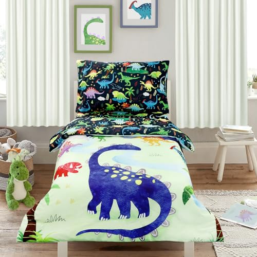 DAYEEBALL 4 Piece Toddler Bedding Set, Ultra Soft and Breathable Cartoon Dinosaur Toddler Comforter Sets for Boys Includes Quilted Comforter, Fitted Sheet, Flat Sheet and Pillowcase - Image 1