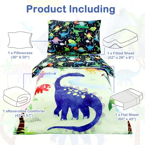 DAYEEBALL 4 Piece Toddler Bedding Set, Ultra Soft and Breathable Cartoon Dinosaur Toddler Comforter Sets for Boys Includes Quilted Comforter, Fitted Sheet, Flat Sheet and Pillowcase - Image 4