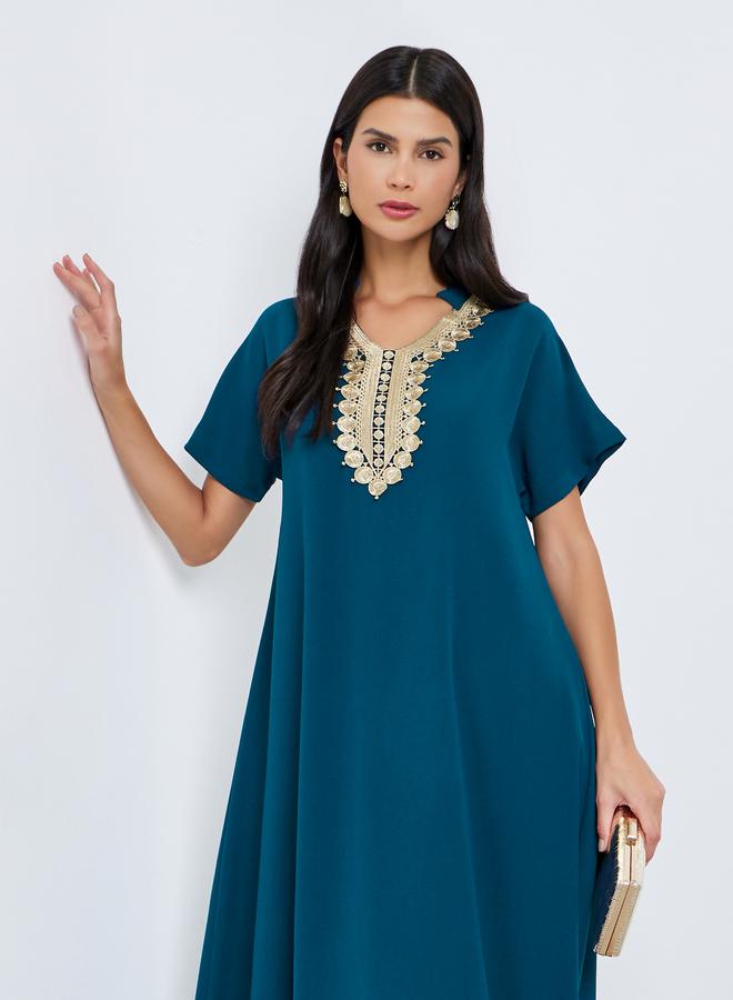 Amirah Embroidered Short Sleeve Jalabiya with Lace Detail - Image 2