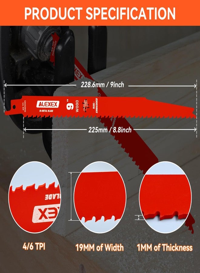 ALEXEX 10 Pack 9 Inch 4/6 Tpi Reciprocating Saw Blades for Wood and Nail-Embedded Wood Cutting - Image 2