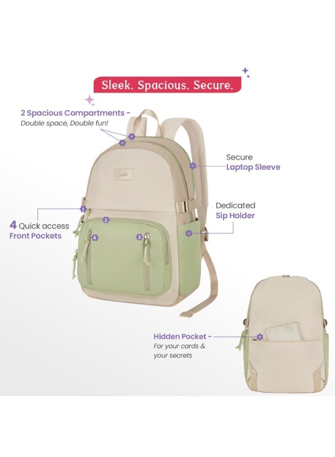 Genie Lit Casual Backpack For Girls|17 Inch-18 Litres With laptop Compartment, Back pocket, Side Pockets with Padded Shoulders|Best for Laptop, Books, Water Bottles, Stationery & all Essentials-Olive - Image 2