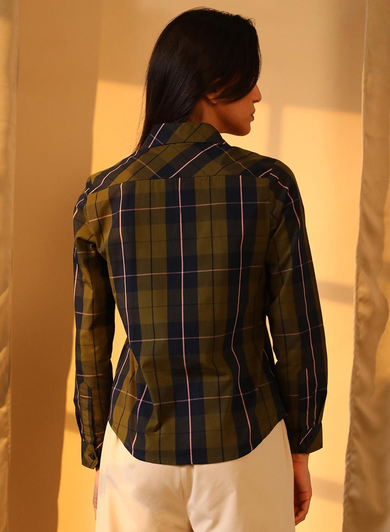 PINACOLADA Women's Olive Green:Navy Blue Tartan Plaid Boxy Shirt  - Image 5