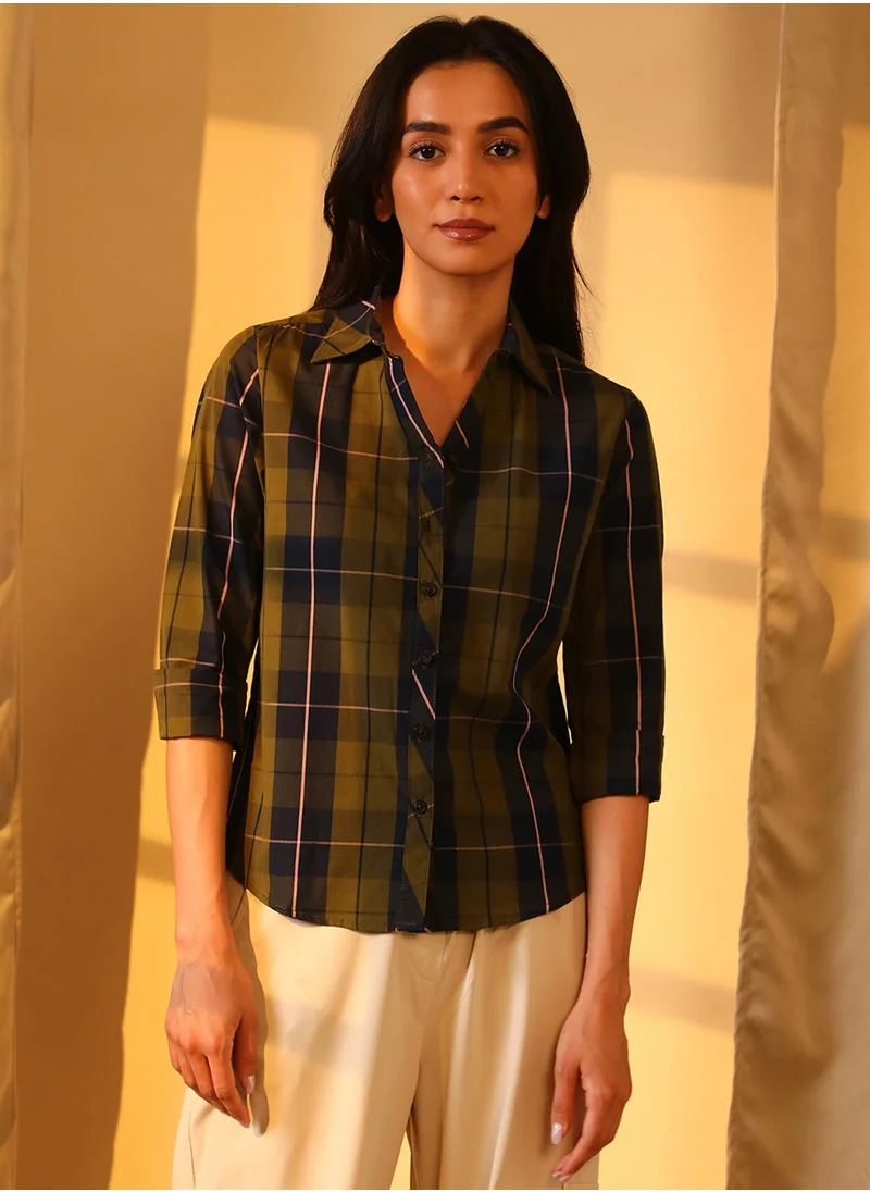 PINACOLADA Women's Olive Green:Navy Blue Tartan Plaid Boxy Shirt