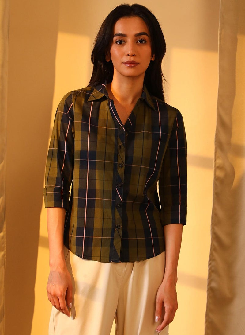 PINACOLADA Women's Olive Green:Navy Blue Tartan Plaid Boxy Shirt  - Image 2