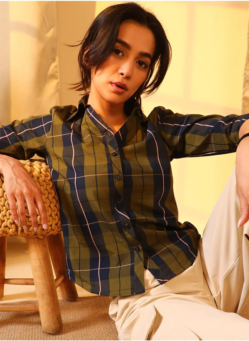 PINACOLADA Women's Olive Green:Navy Blue Tartan Plaid Boxy Shirt