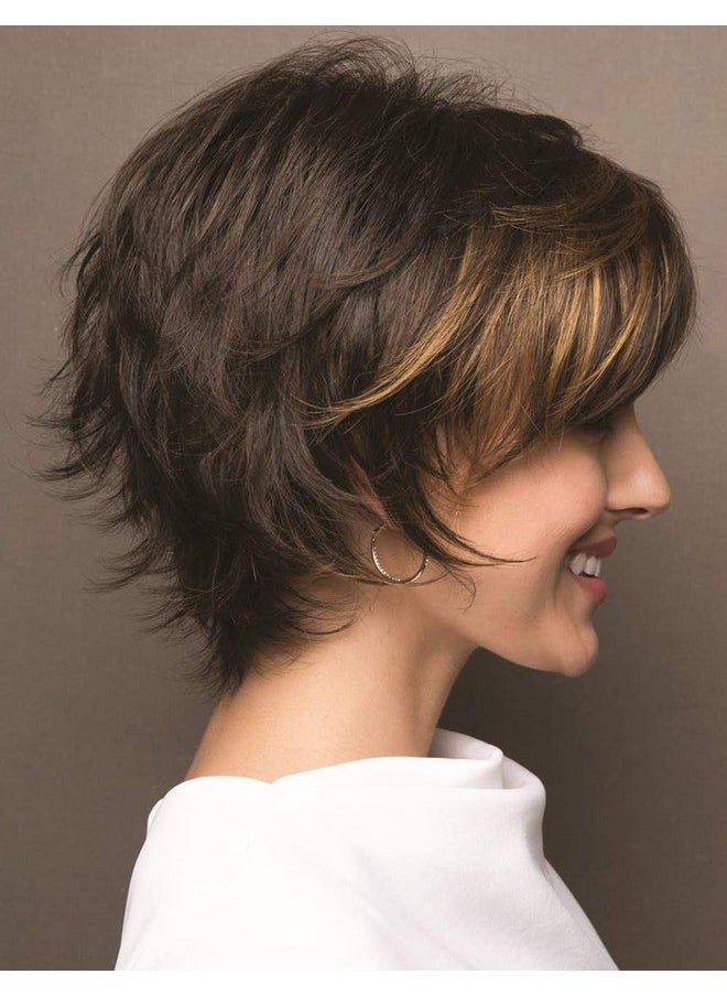 RENERSHOW - Brown With Blonde Highlight Wavy Short Pixie Wigs For White Women Natural Looking Synthetic Wig With Bangs Layered Short Haircuts For Daily Party - Image 1