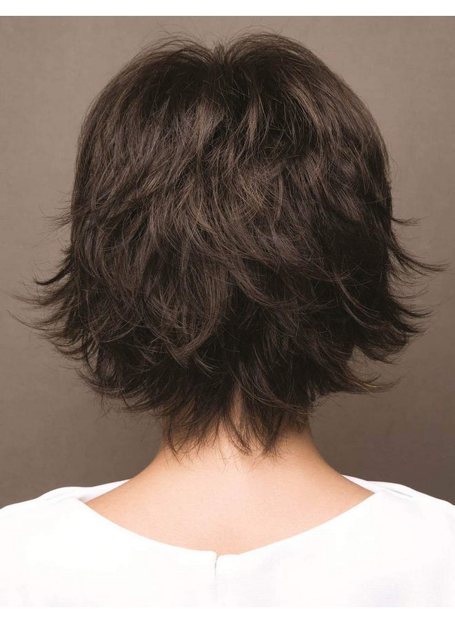 RENERSHOW - Brown With Blonde Highlight Wavy Short Pixie Wigs For White Women Natural Looking Synthetic Wig With Bangs Layered Short Haircuts For Daily Party - Image 1