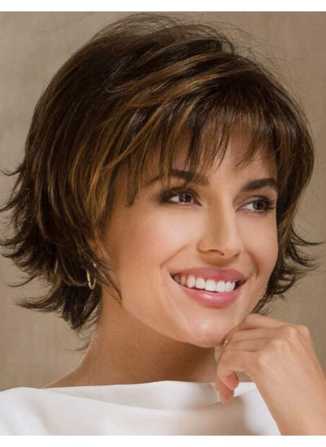 RENERSHOW - Brown With Blonde Highlight Wavy Short Pixie Wigs For White Women Natural Looking Synthetic Wig With Bangs Layered Short Haircuts For Daily Party - Image 1