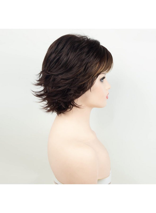 RENERSHOW - Brown With Blonde Highlight Wavy Short Pixie Wigs For White Women Natural Looking Synthetic Wig With Bangs Layered Short Haircuts For Daily Party - Image 1