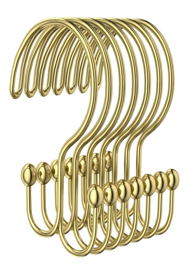 OEH Shower Curtain Hooks, OEH Shower Curtain Rings, Gold Shower Curtain Hooks Rust Proof, Decorative Double Shower Hooks for Shower Curtain, Anti-Drop Shower Rings for Curtain & Liners, Gold, 12Pack - Image 1