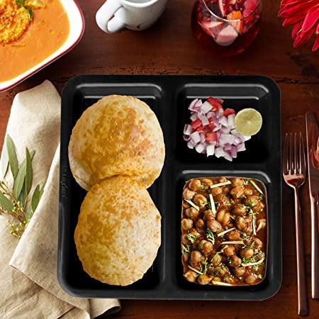 Coolkart FoodGrade Virgin Plastic Black 3Compartments DividedDinner 9 Inches Pav Bhaji Plates Dinner Plate Pack of 12 Microwave Safe - Image 2