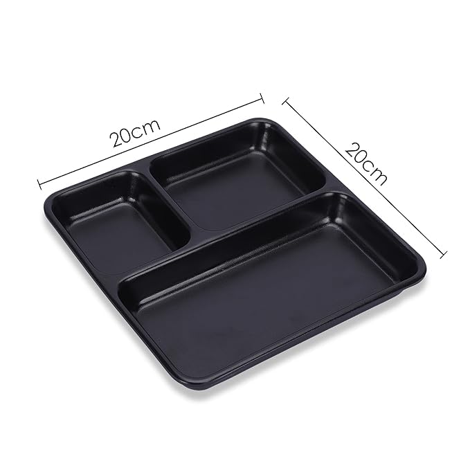 Coolkart FoodGrade Virgin Plastic Black 3Compartments DividedDinner 9 Inches Pav Bhaji Plates Dinner Plate Pack of 12 Microwave Safe - Image 5