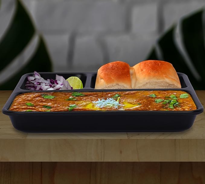 Coolkart FoodGrade Virgin Plastic Black 3Compartments DividedDinner 9 Inches Pav Bhaji Plates Dinner Plate Pack of 12 Microwave Safe - Image 3