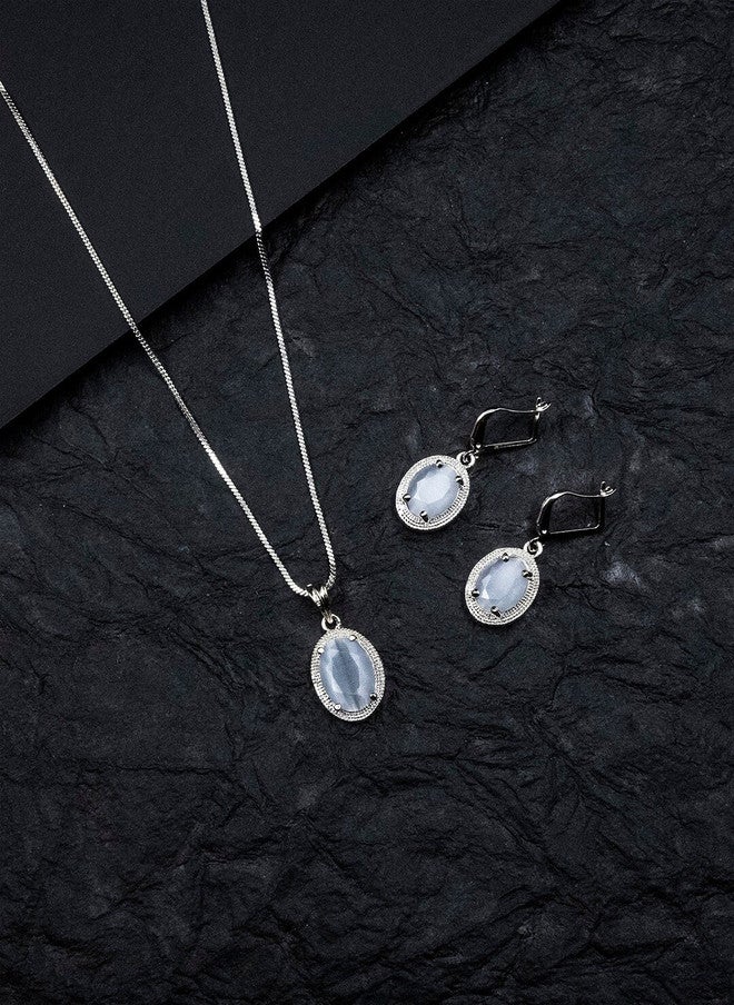 StileAdda Rhodium Plated American Diamond Pendant and Earrings Set - Image 1