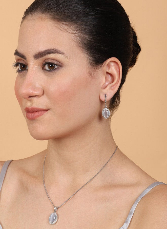StileAdda Rhodium Plated American Diamond Pendant and Earrings Set - Image 5