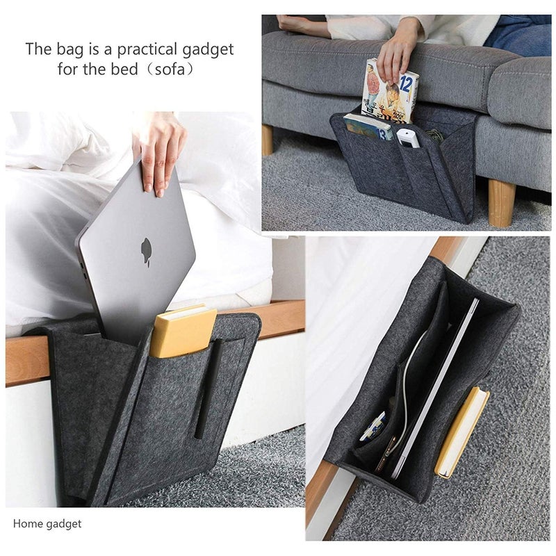 Zerolex Zerolex Felt Bedside Caddy Bedside Storage Organizer Bed Caddy for Remote Control Tablet Laptop Glasses Mobile Phone Book Magazines with 4 Pockets White Black  - Image 2