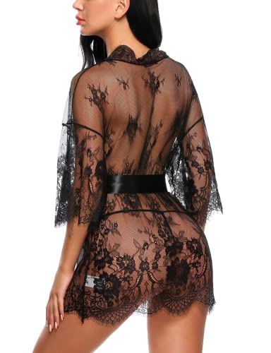 Avidlove black lace robe women Women's Lace Kimono Robe Babydoll Lingerie Mesh Nightgown Black S - Image 5
