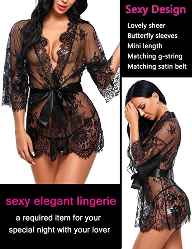 Avidlove black lace robe women Women's Lace Kimono Robe Babydoll Lingerie Mesh Nightgown Black S - Image 4