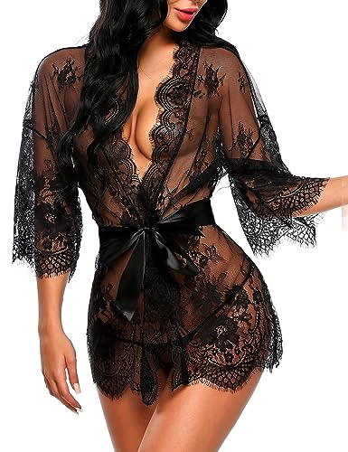 Avidlove black lace robe women Women's Lace Kimono Robe Babydoll Lingerie Mesh Nightgown Black S - Image 1