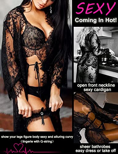 Avidlove black lace robe women Women's Lace Kimono Robe Babydoll Lingerie Mesh Nightgown Black S - Image 3