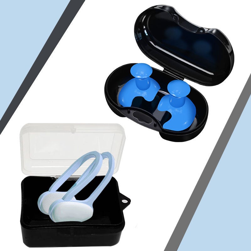Generic Swimming Nose Clip Earplugs Set Silicone Anti-Slip Blue Parallel bars swimming nose clip + earplugs