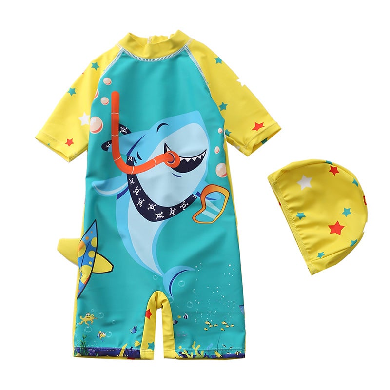Children''s Swimsuit, Boy''s One-Piece Dinosaur Hooded Swimsuit, Long-Sleeved Sun Protection Baby Hot Spring Swimsuit, Infant and Kidsren''s Style - Image 1