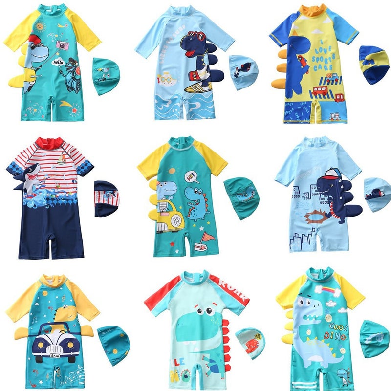 Children''s Swimsuit, Boy''s One-Piece Dinosaur Hooded Swimsuit, Long-Sleeved Sun Protection Baby Hot Spring Swimsuit, Infant and Kidsren''s Style - Image 2