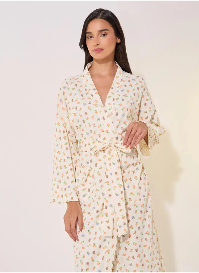 Styli Printed Long Sleeve Waist Tie-Up Robes