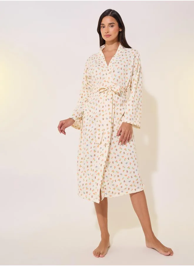 Styli Printed Long Sleeve Waist Tie-Up Robes