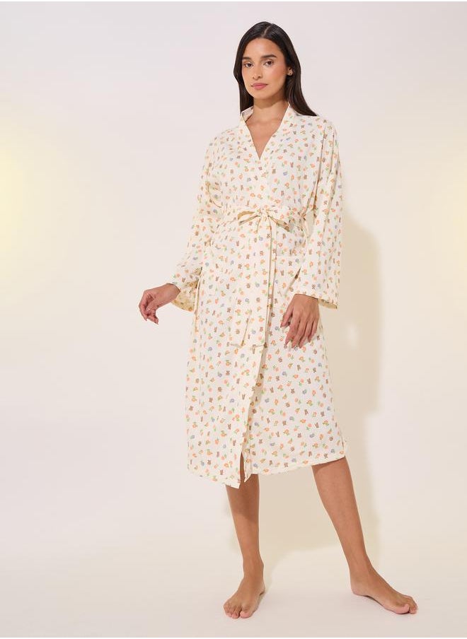 Styli Printed Long Sleeve Waist Tie-Up Robes  - Image 1