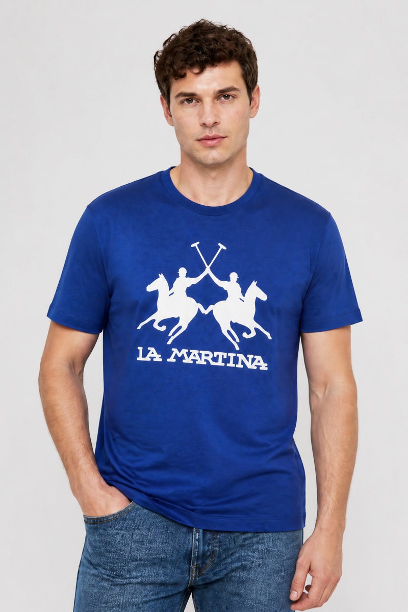 La Martina Men Crew Neck Short Sleeve Brand Logo T-Shirt, Blue - Image 1
