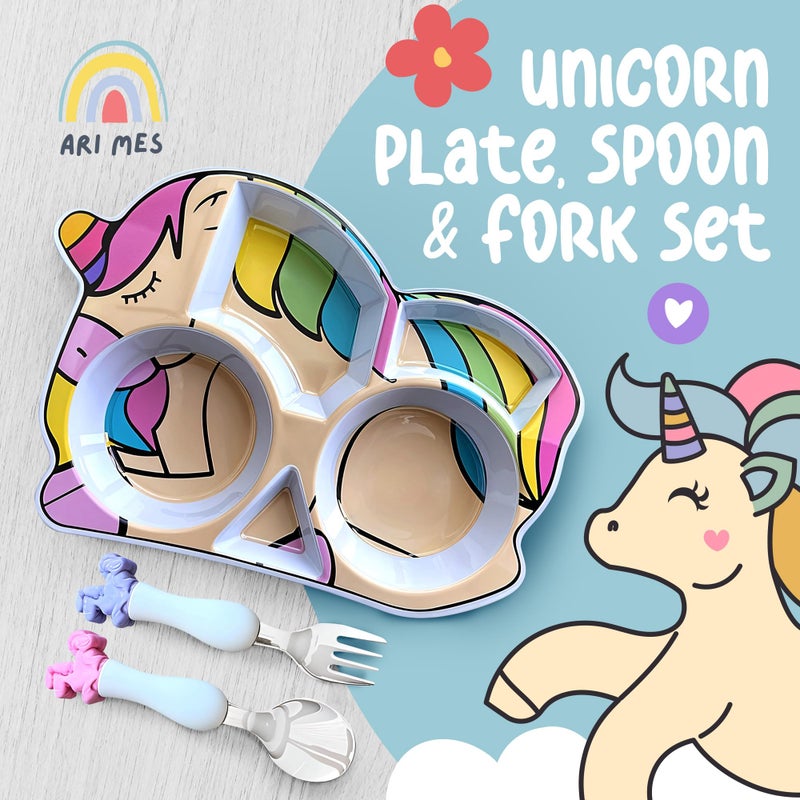 ARI MES - Unicorn Shaped Plate and Utensil Set - Fun, BPA-Free, Shatter- Resistant, Lightweight, Picky Eaters Kids Dinnerware Set, Children's Utensils, Toddler Forks and Spoons - Image 3