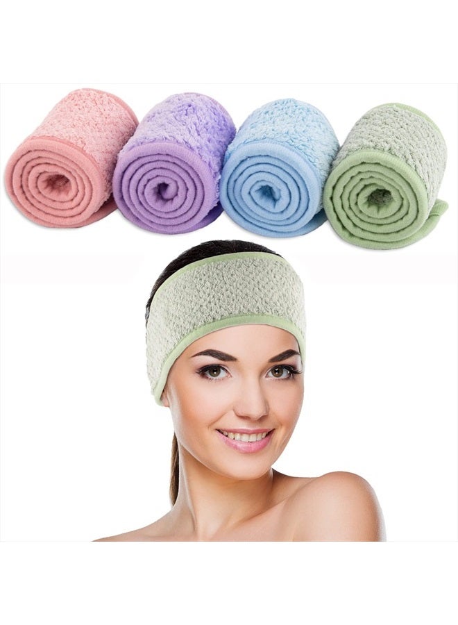 Whaline 4Pcs Spa Facial Headband Super Absorption Makeup Hair Wrap Adjustable Coral Fleece Hair Band Soft Towel Head Band for Face Washing Shower Sports (Pea Green, Pink-Orange, Blue, Light Purple) - Image 1