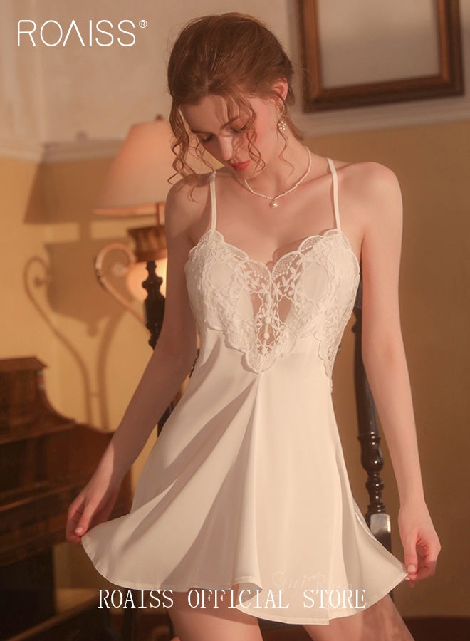 رويس مجموعة ملابس نوم نسائية مكونة من قطعتين بتصميم رقبة على شكل حرف V، طقم ملابس منزلية للسيدات بنفس اللون، رداء خارجي وعنصر دانتيل، ثوب نوم مريح وناعم ومسامي وأشرطة كتف متقاطعة عالية الخصر باللون الأبيض - Image 2