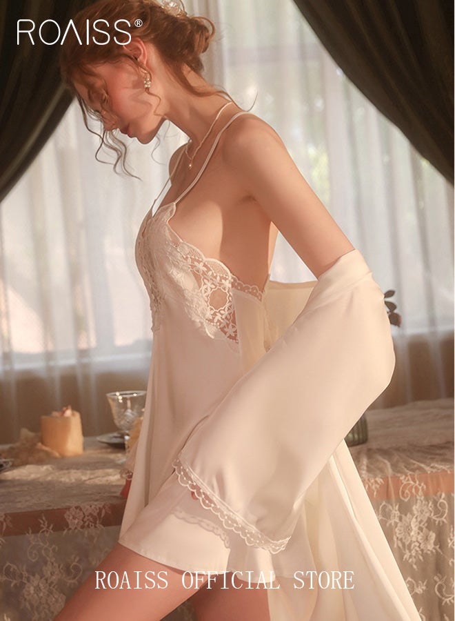 رويس مجموعة ملابس نوم نسائية مكونة من قطعتين بتصميم رقبة على شكل حرف V، طقم ملابس منزلية للسيدات بنفس اللون، رداء خارجي وعنصر دانتيل، ثوب نوم مريح وناعم ومسامي وأشرطة كتف متقاطعة عالية الخصر باللون الأبيض - Image 4