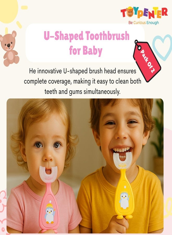 TOYPENTER U-Shaped Toothbrush for Baby | 360° Oral Teeth Cleaning Tools | Infants Toothbrush with Food Grade Silicone Head | Manual Toothbrush For new Born Baby (Pack of 2) (pink&yellow, cm) - Image 2