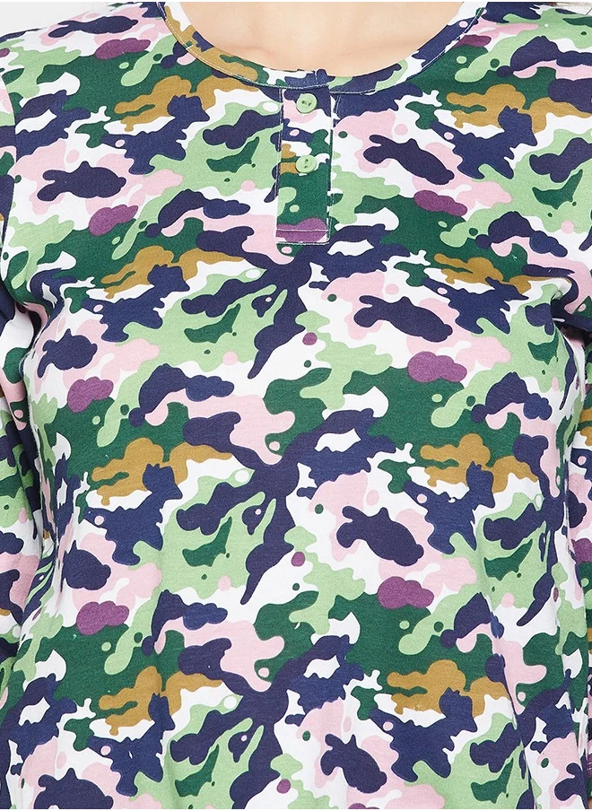 Clovia Clovia Camouflage Print Button Down Top in Multicolour & Chic Basic Pyjama in Sage Green - 100% Cotton