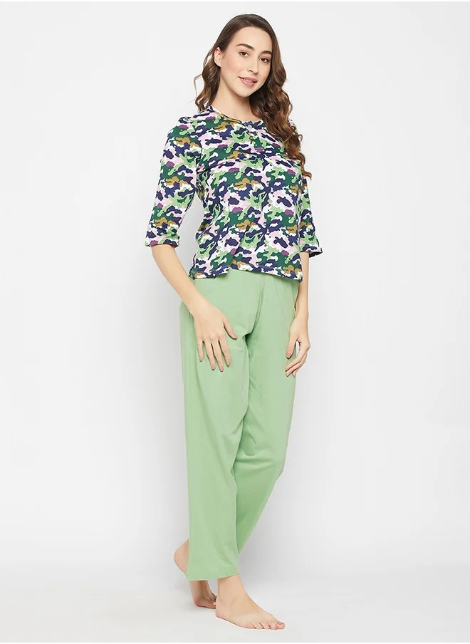 Clovia Clovia Camouflage Print Button Down Top in Multicolour & Chic Basic Pyjama in Sage Green - 100% Cotton