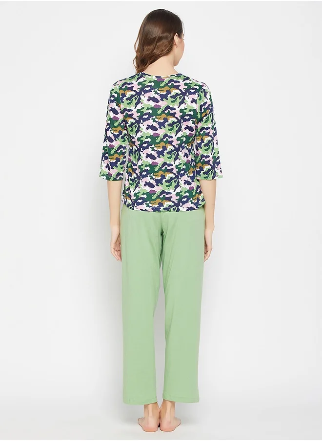 Clovia Clovia Camouflage Print Button Down Top in Multicolour & Chic Basic Pyjama in Sage Green - 100% Cotton