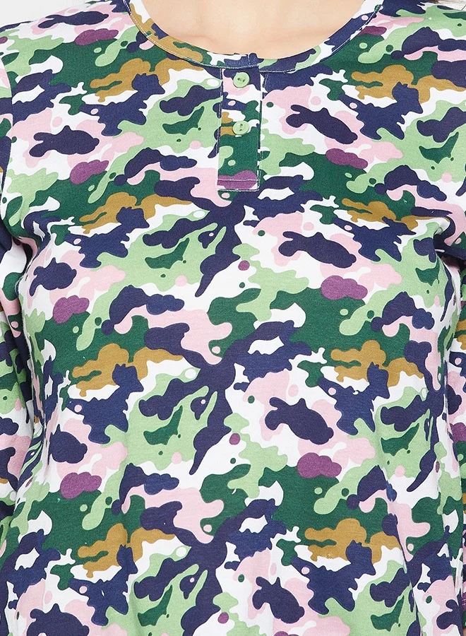 Clovia Clovia Camouflage Print Button Down Top in Multicolour & Chic Basic Pyjama in Sage Green - 100% Cotton