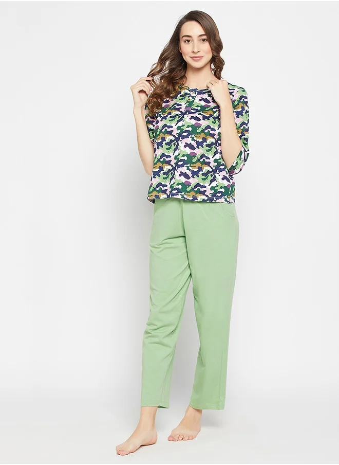 كلوفيا Clovia Camouflage Print Button Down Top in Multicolour & Chic Basic Pyjama in Sage Green - 100% Cotton