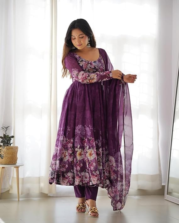 KD Women's Floral Print Anarkali Kurta Set with Pant and Dupatta, Georgette, Full Sleeves, Asymmetric Hemline (IN, Alpha, S, Regular, PURPLE) - Image 2