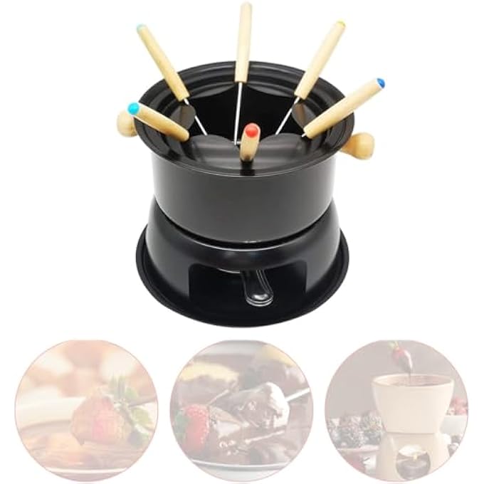 ريحني مجموعة صانع الفوندو بالشوكولاتة طقم وعاء الفوندو مصغر من الفولاذ المقاوم للصدأ جبن شوكولاتة فوندو 6 شوك غمس صلصة صلصة الحلوى القابلة للإزالة للذوبان تدفئة صلصة جبن الكراميل ليلة موعد - Image 1
