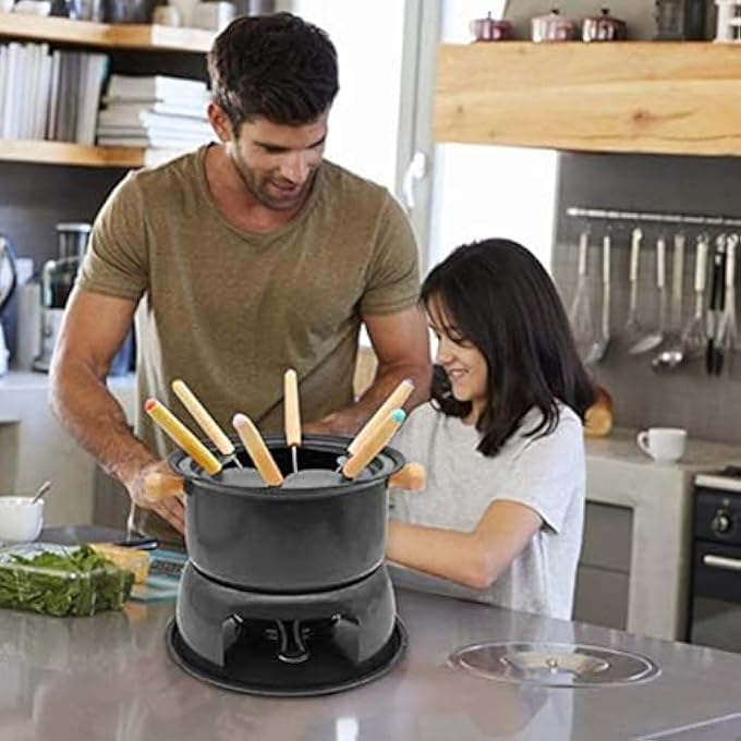 ريحني مجموعة صانع الفوندو بالشوكولاتة طقم وعاء الفوندو مصغر من الفولاذ المقاوم للصدأ جبن شوكولاتة فوندو 6 شوك غمس صلصة صلصة الحلوى القابلة للإزالة للذوبان تدفئة صلصة جبن الكراميل ليلة موعد - Image 4