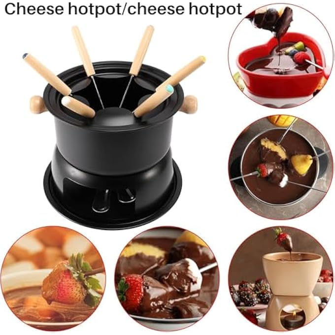 ريحني مجموعة صانع الفوندو بالشوكولاتة طقم وعاء الفوندو مصغر من الفولاذ المقاوم للصدأ جبن شوكولاتة فوندو 6 شوك غمس صلصة صلصة الحلوى القابلة للإزالة للذوبان تدفئة صلصة جبن الكراميل ليلة موعد - Image 5