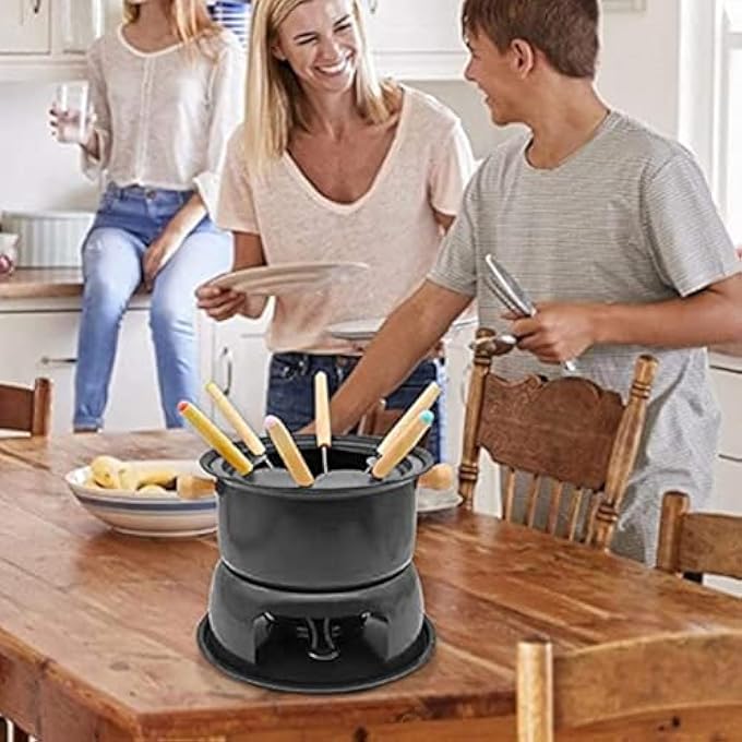 ريحني مجموعة صانع الفوندو بالشوكولاتة طقم وعاء الفوندو مصغر من الفولاذ المقاوم للصدأ جبن شوكولاتة فوندو 6 شوك غمس صلصة صلصة الحلوى القابلة للإزالة للذوبان تدفئة صلصة جبن الكراميل ليلة موعد - Image 3