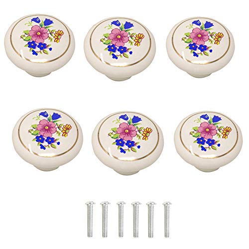 yueton 6Pcs 1-1/2 inch Hand Painted Ceramic Knobs Kitchen Cabinet Retro Vintage Door Drawer Handles Pulls for Dresser Cupboard Wardrobe (Orchid) - Image 1