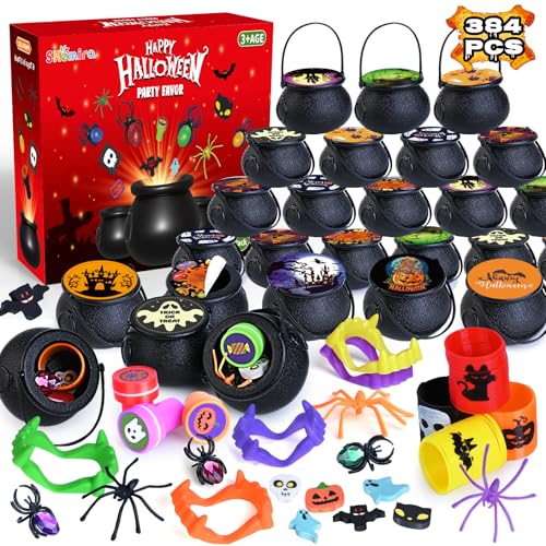 Shemira 384 PCS Halloween Party Favors Bulk for Kids 48 Pack Prefilled Witch Cauldrons with Halloween Toys Halloween Goodie Bag Fillers Halloween Party Supplies Halloween Miniatures Novelty Toys - Image 1