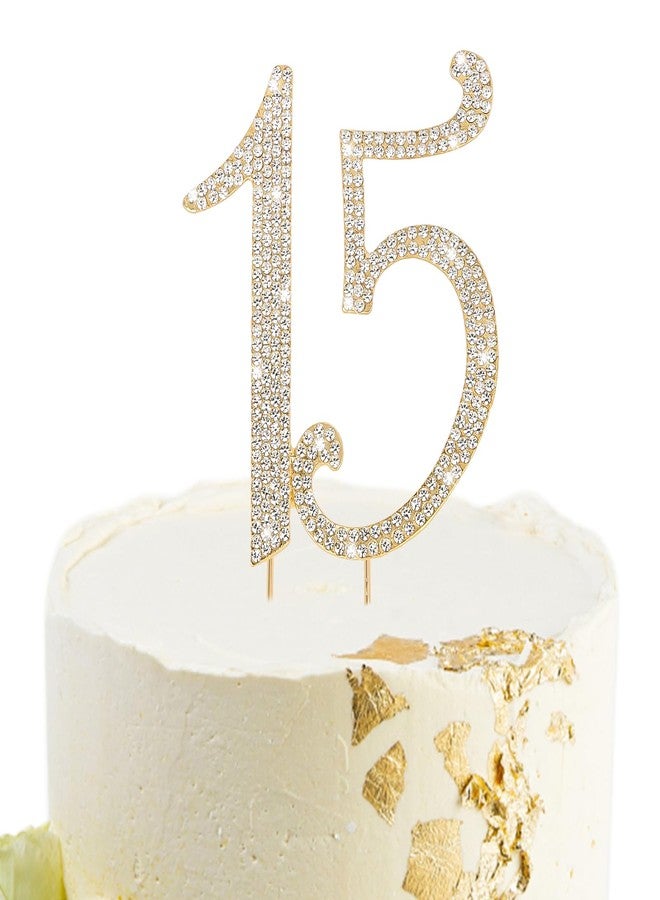 BAHABY Gold 15th Birthday Cake Topper Rhinestones Cake Decorations for 15th Birthday Party - Image 1